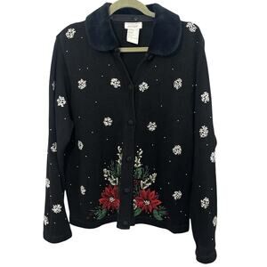 Vtg Lord & Taylor Cardigan Sweater Womens Christmas XL Black Holiday Faux Fur